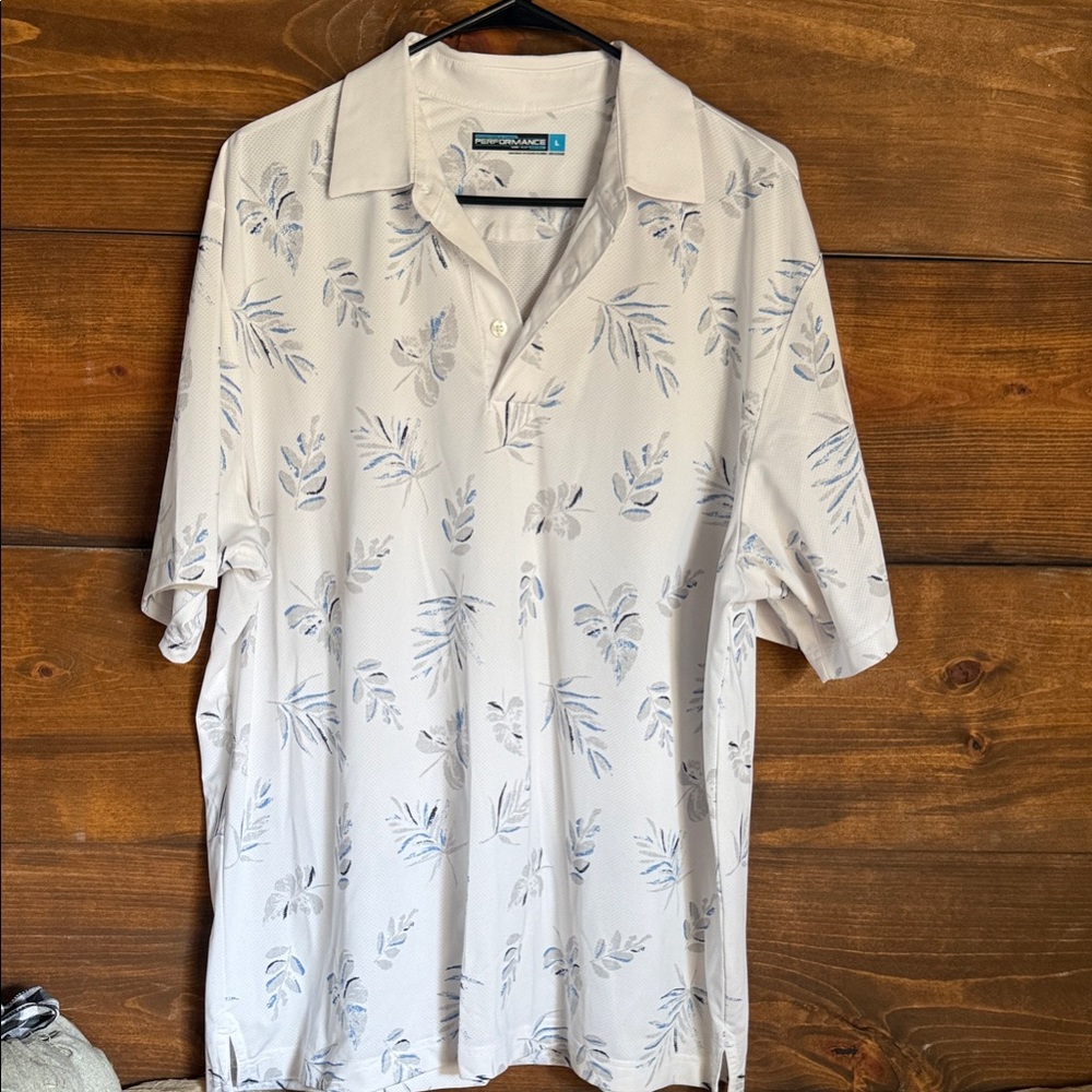 Men's performance White and Blue Leaf Print Shirt